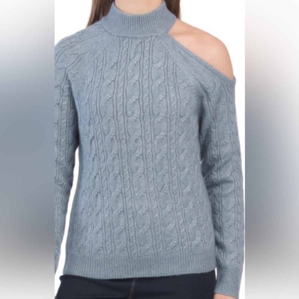 Rachel Zoe cut out mock neck cable sweater- blue-L